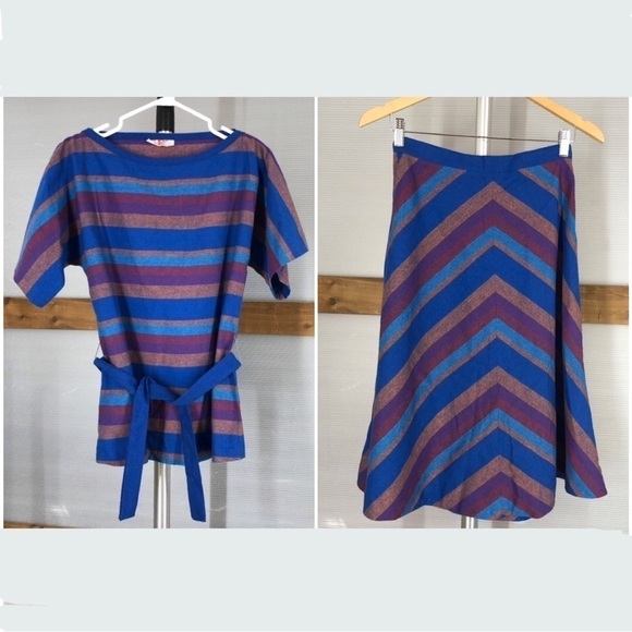 VTG Wool Blend Chevron A-Line Midi Skirt & Stripe S/S Shirt Coord Set  Sz XS/S - Picture 1 of 15